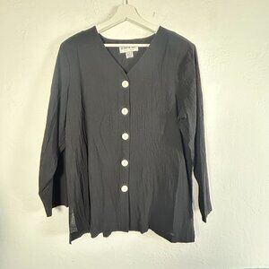 Brownstone Studio Womens Crinkle Button-Down Blouse Large Cotton Black Casual